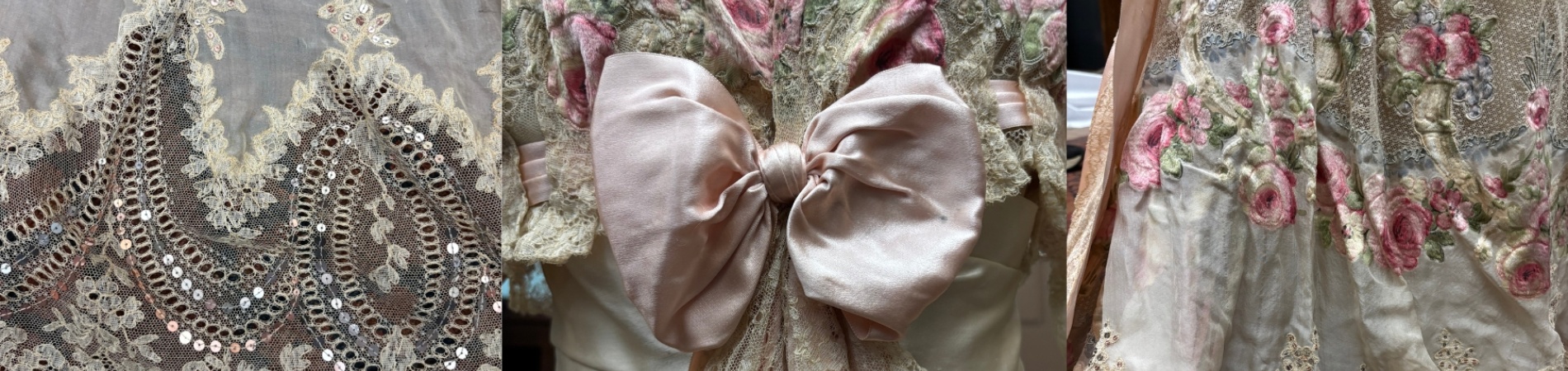 Three photos of a cream evening gown with pink embellishments